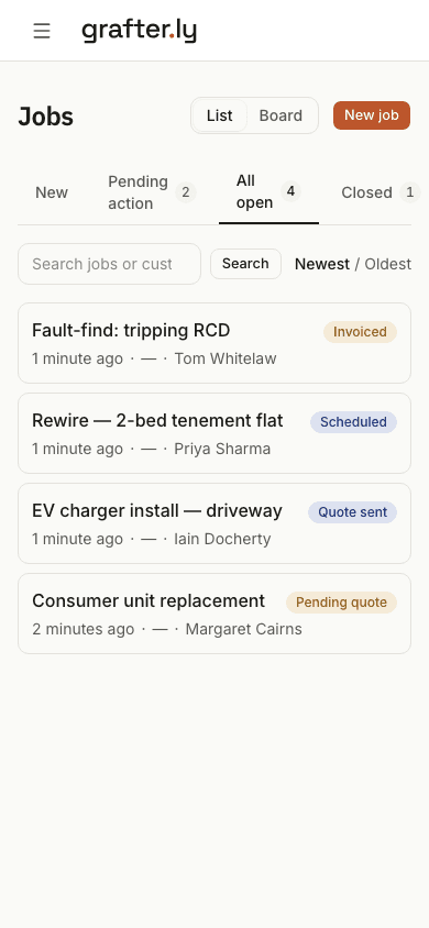 The grafter.ly mobile jobs list showing fictional jobs and their invoiced, scheduled, quote sent and pending quote stages.